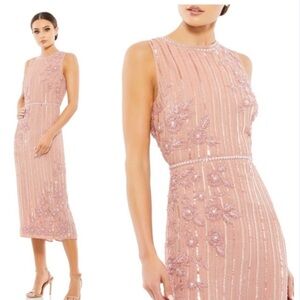 Mac Duggal Cocktail 70260D Tea Length Beaded Jewel Dress Rose Pink Size 6